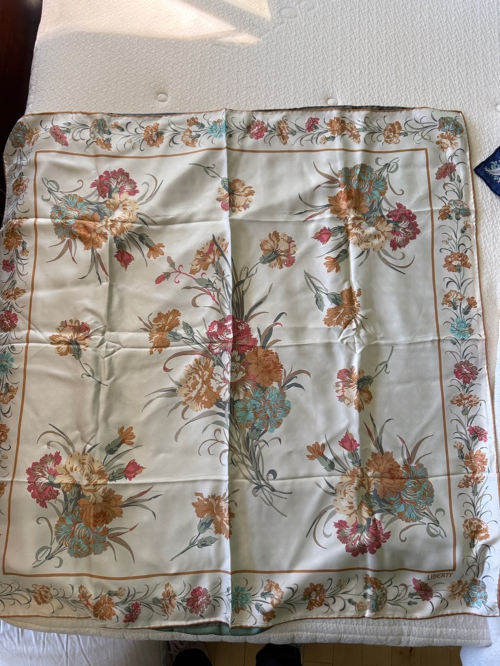 Liberty of London Cream Silk Scarf with Pink, Gold, and Teal Floral Bouquet